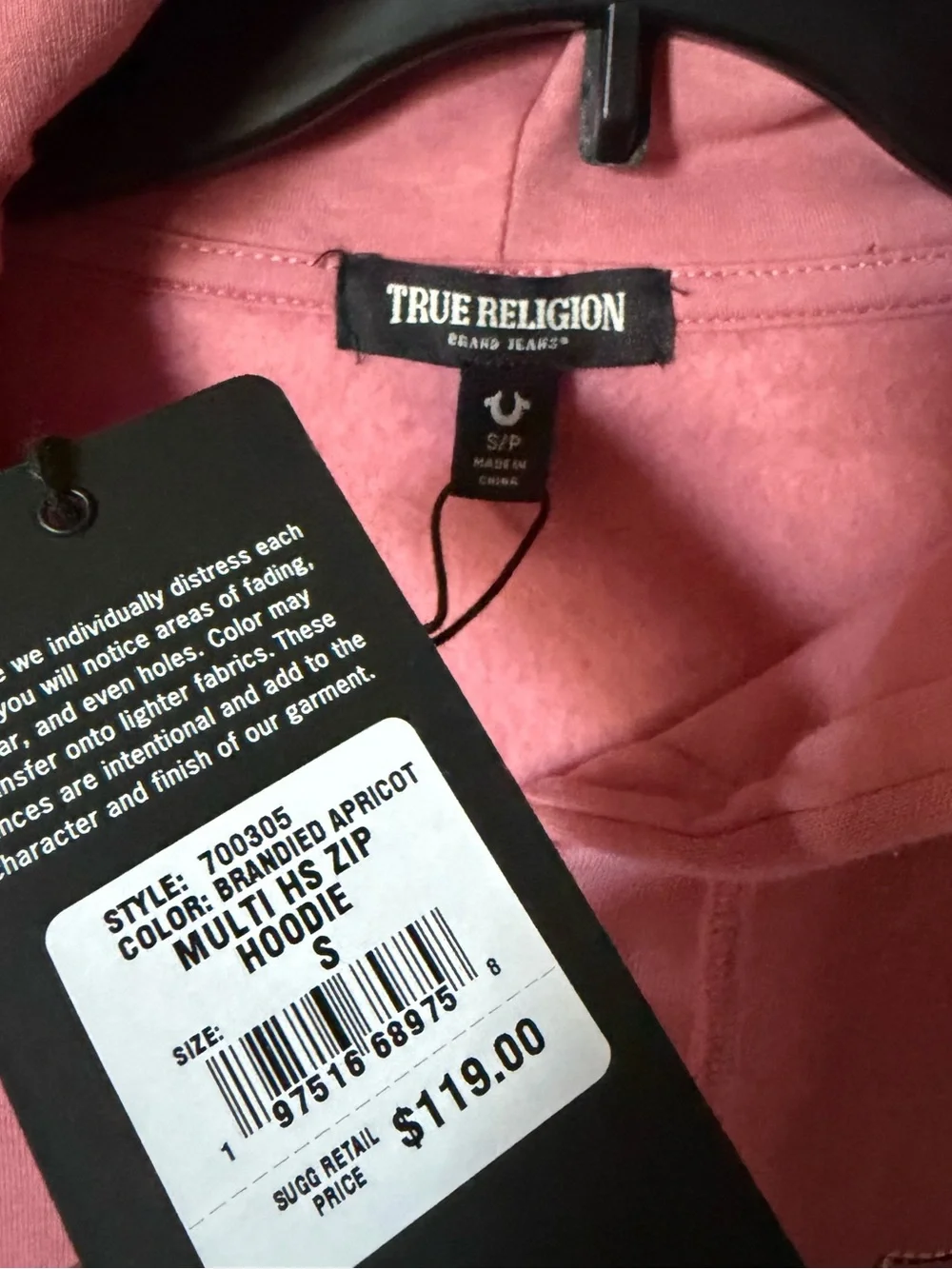 TRUE RELIGION Mens Small Zip Up Hoodie Pink Brandied Apricot Pockets NWT $118